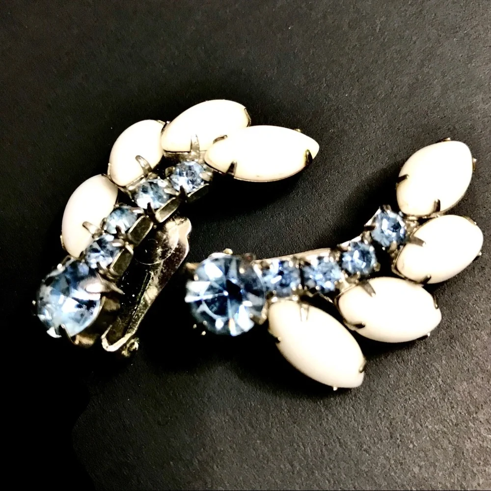 Vintage Earrings Milk Glass Rhinestone Ear Climber
